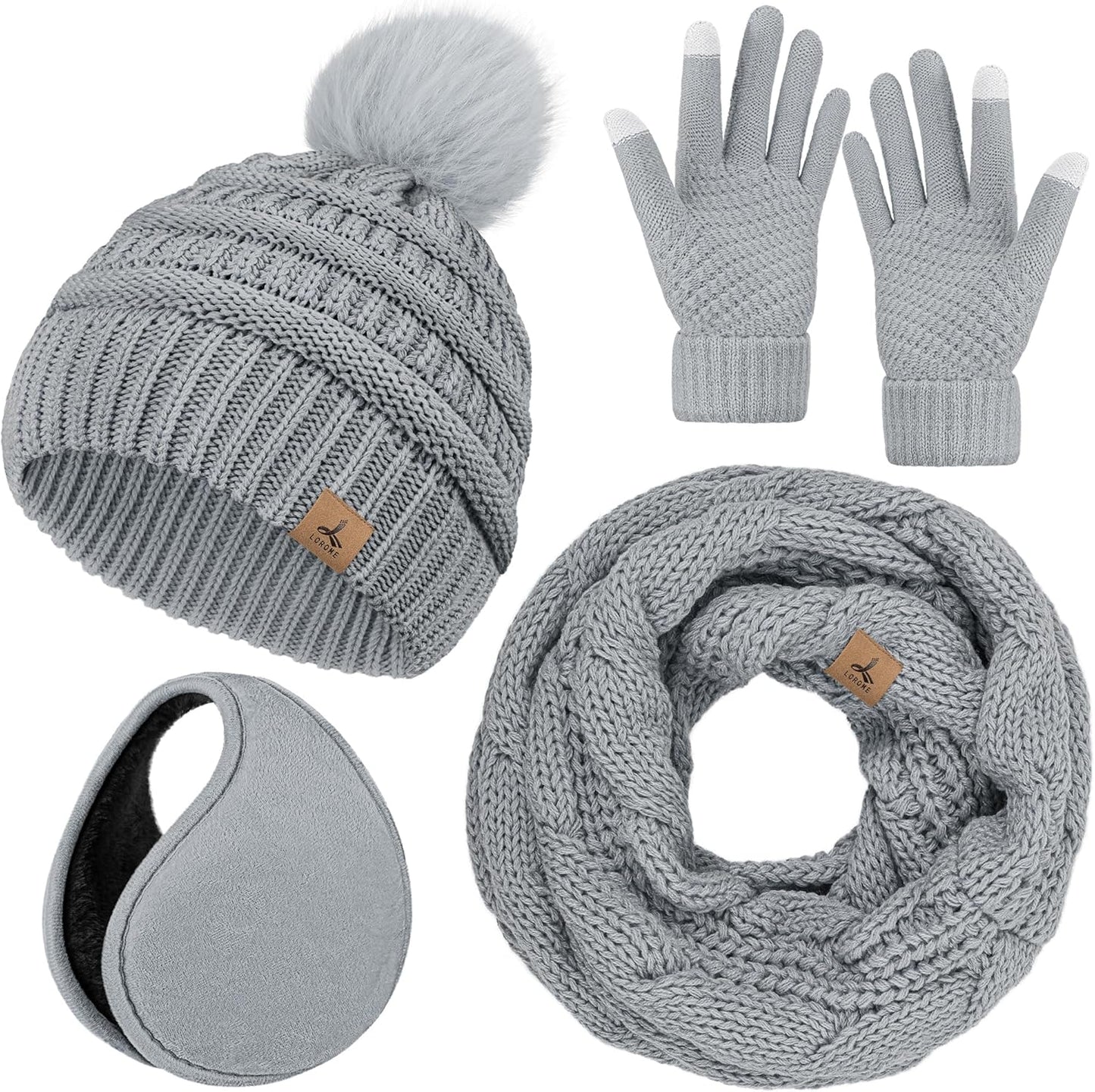 Winter Hat Scarf Gloves and Ear Warmer, Warm Knit Beanie Hat Touch Screen Gloves Set Winter Gifts Neck Scarves for Women