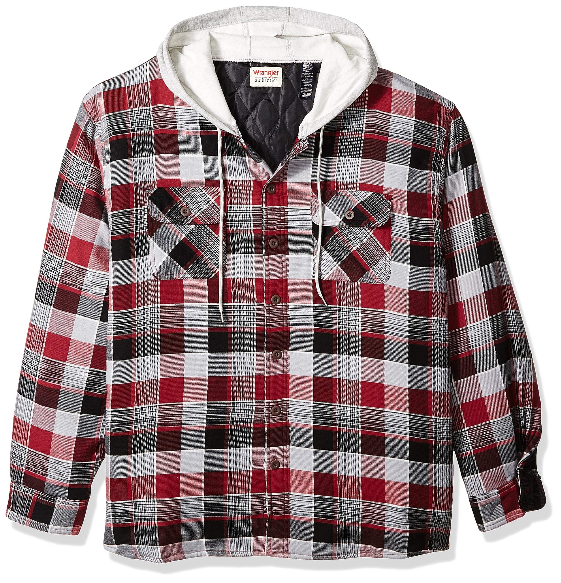 Wrangler Authentics Men's Long Sleeve Quilted Lined Flannel Shirt Jacket with Hood
