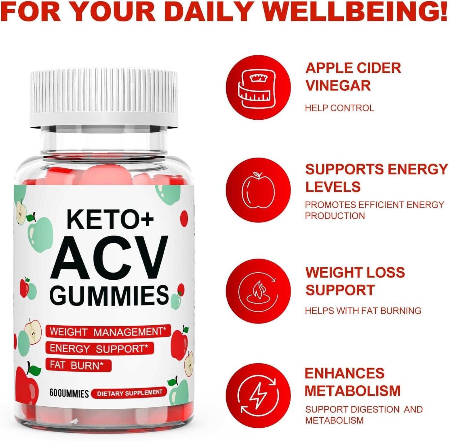 Keto ACV Gummies for Weight Loss, Apple Cider Vinegar 60 Gummies for Women & Men