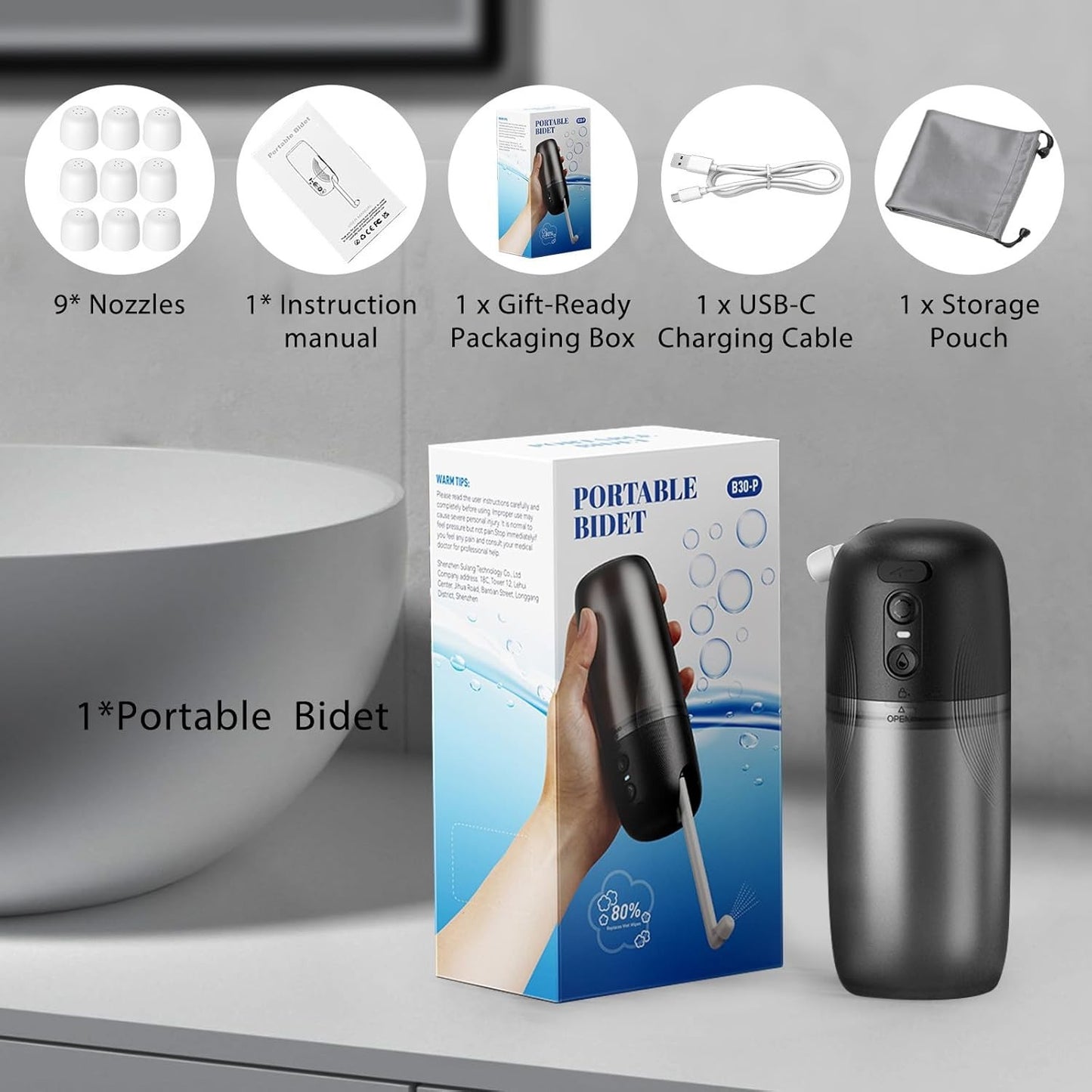 Electric Portable Bidet, Handheld High Pressure Travel Sprayer with 6 Nozzles