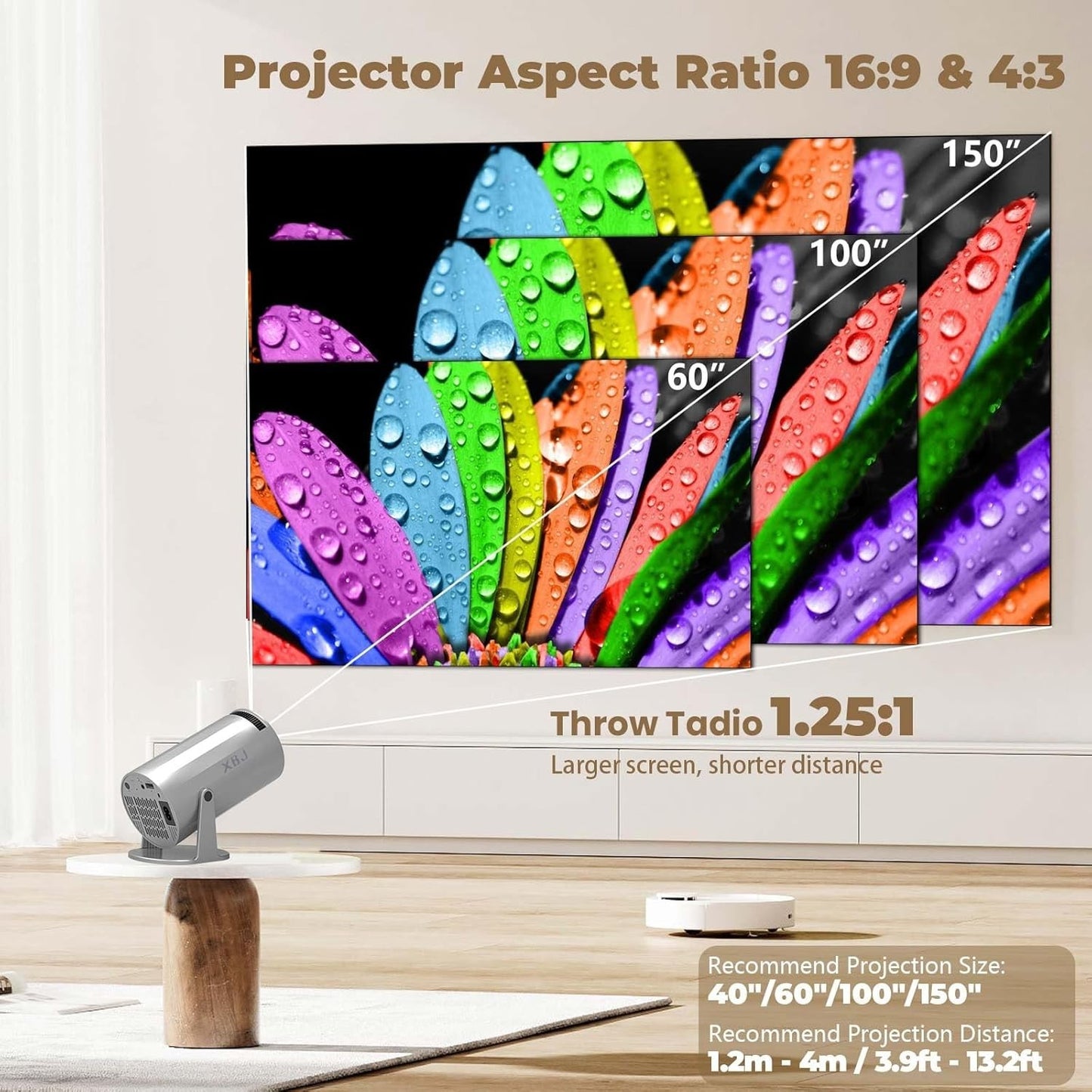 XBJ 1080P Mini Projector, Diamond Portable Movie Projector 4K 1080P