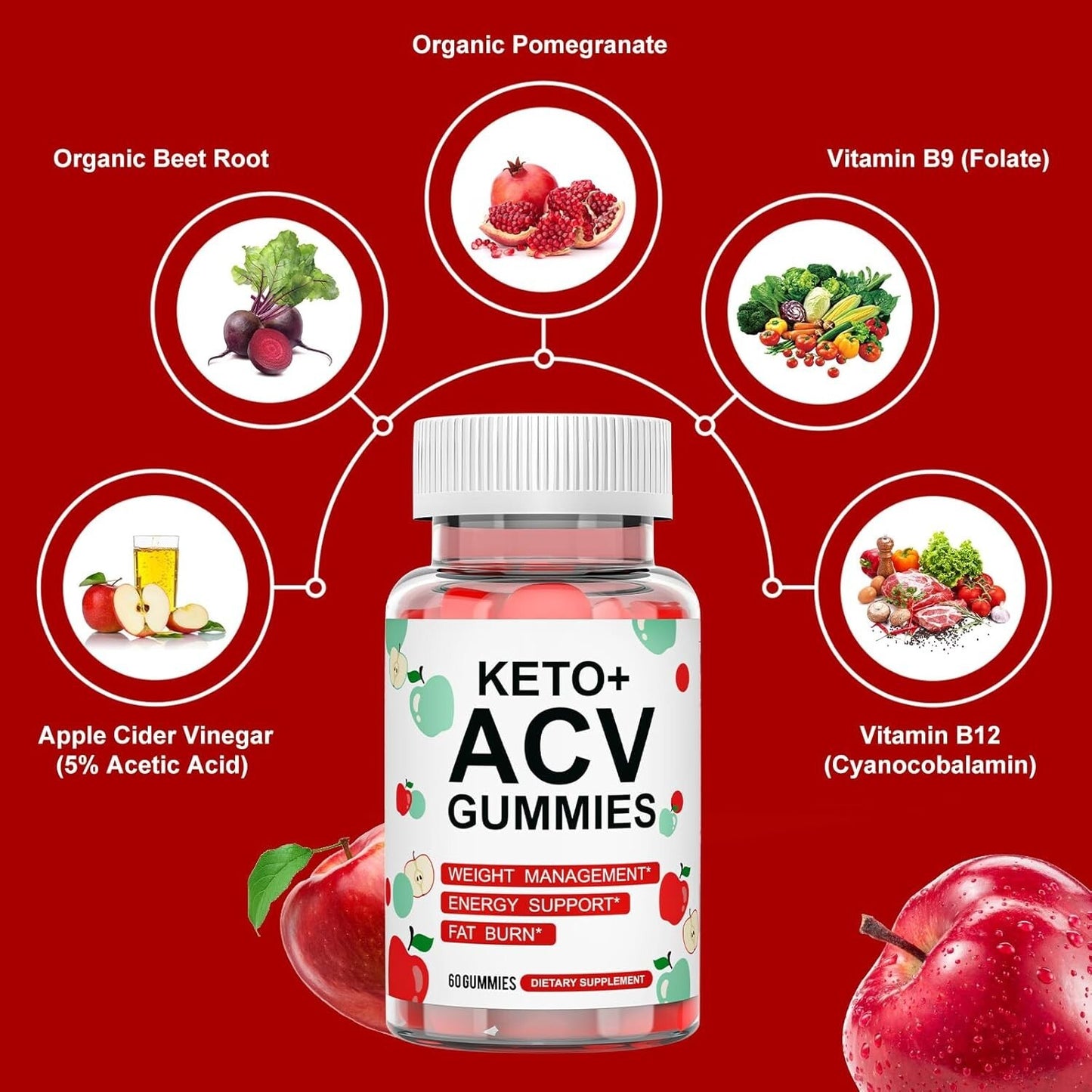 Keto ACV Gummies for Weight Loss, Apple Cider Vinegar 60 Gummies for Women & Men