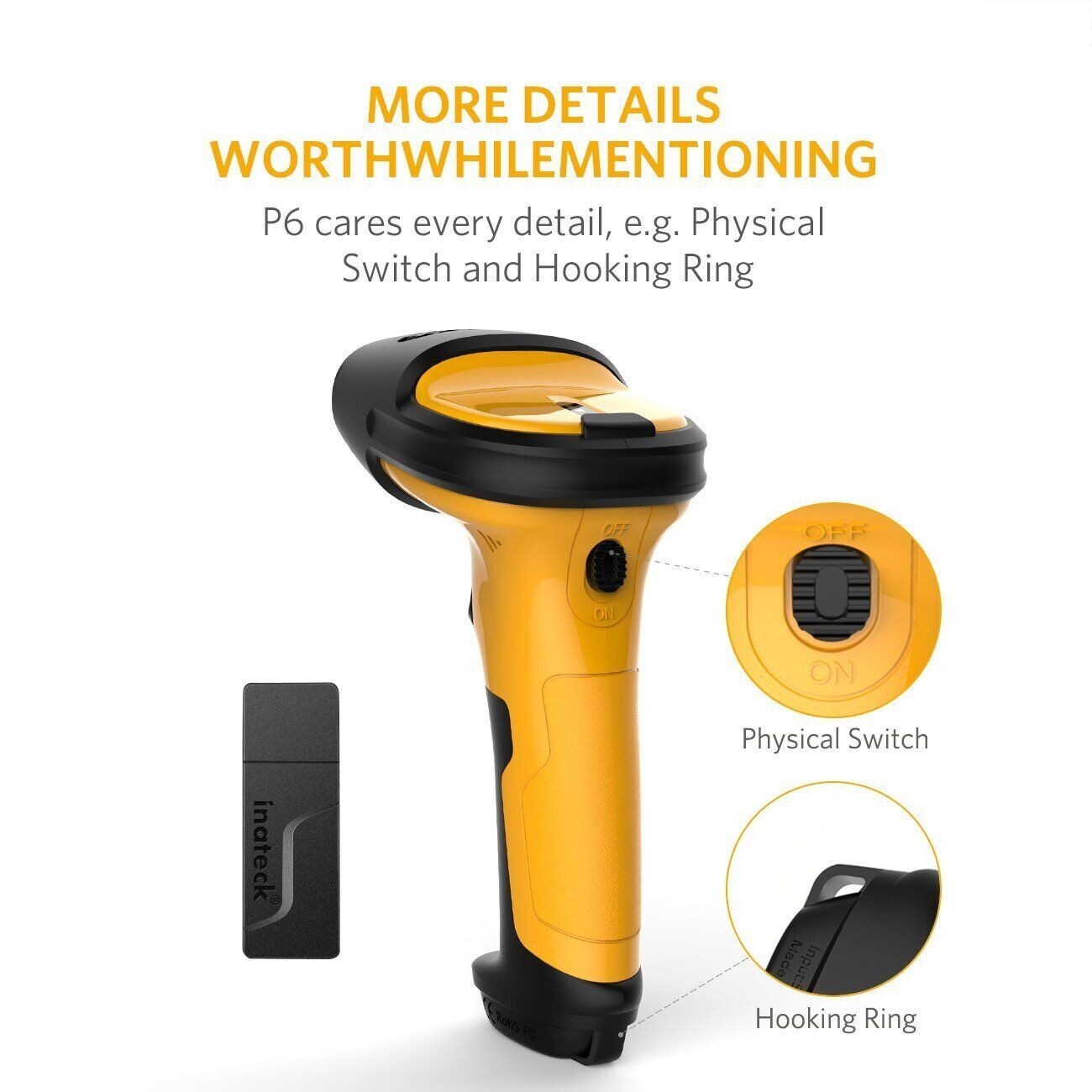 Inateck 1D Barcode Scanner Barcode Reader Wireless Adapter 60M Range Auto Scan