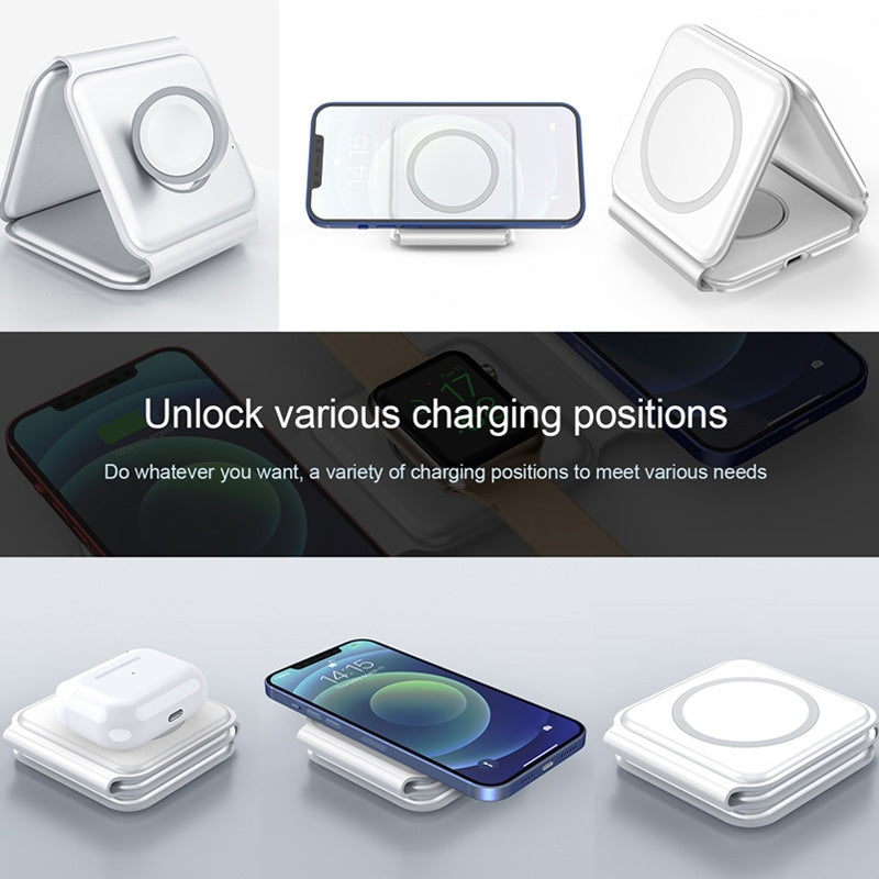Multiple Devices Charging Station - 3 in 1 Foldable Magnetic Wireless Charger Dock - Travel Charging Pad Compatible for iPhone 16 15 14 13 12 Pro Max Plus Watc...