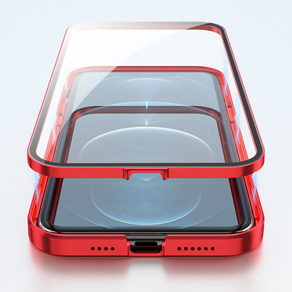 Metal Case with Front and Back Tempered Glass Protector for iPhone 15 - Red