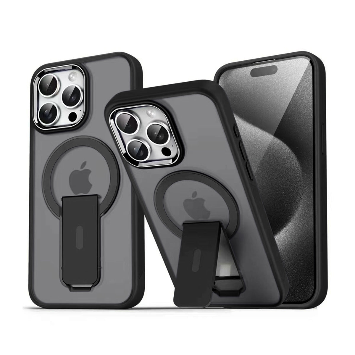 TPU and PC Case with Magnetic and Phone Stand for iPhone 16 Pro - Black