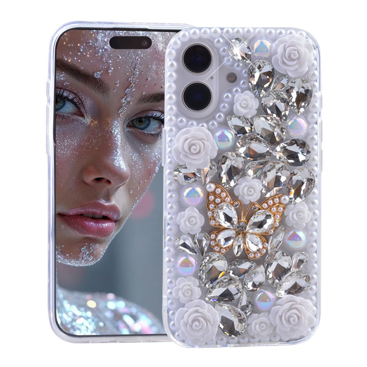 Shiny Diamond Phone Case with Floral and Butterfly Decoration, 3D Luxury Shiny Crystal Rhinestone Pearl Love Rose Protective Case, Compatible with iPhone 16 Pl...
