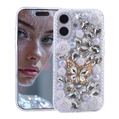 Shiny Diamond Phone Case with Floral and Butterfly Decoration, 3D Luxury Shiny Crystal Rhinestone Pearl Love Rose Protective Case, Compatible with iPhone 16 Pl...