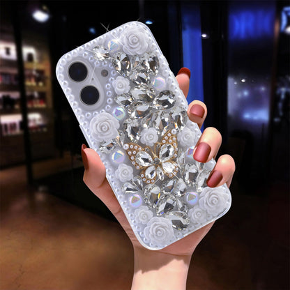 Shiny Diamond Phone Case with Floral and Butterfly Decoration, 3D Luxury Shiny Crystal Rhinestone Pearl Love Rose Protective Case, Compatible with iPhone 16 Pl...