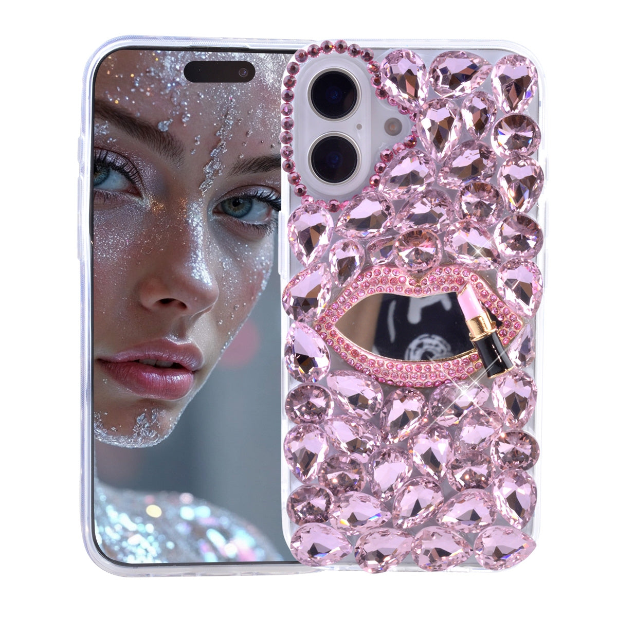 Compatible with iPhone 16 Plus Shiny Crystal Diamond Phone Case, 3D Luxury Lip Makeup (with Mirror) Shiny Crystal Rhinestone Lipstick Case for Girls Women Chil...