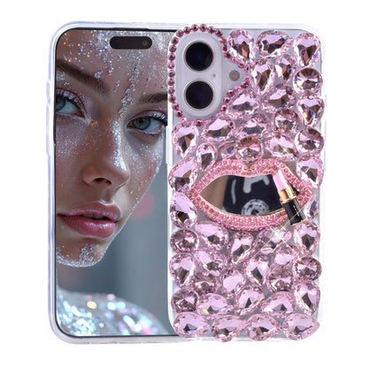 Compatible with iPhone 16 Plus Shiny Crystal Diamond Phone Case, 3D Luxury Lip Makeup (with Mirror) Shiny Crystal Rhinestone Lipstick Case for Girls Women Chil...