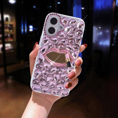 Compatible with iPhone 16 Plus Shiny Crystal Diamond Phone Case, 3D Luxury Lip Makeup (with Mirror) Shiny Crystal Rhinestone Lipstick Case for Girls Women Chil...
