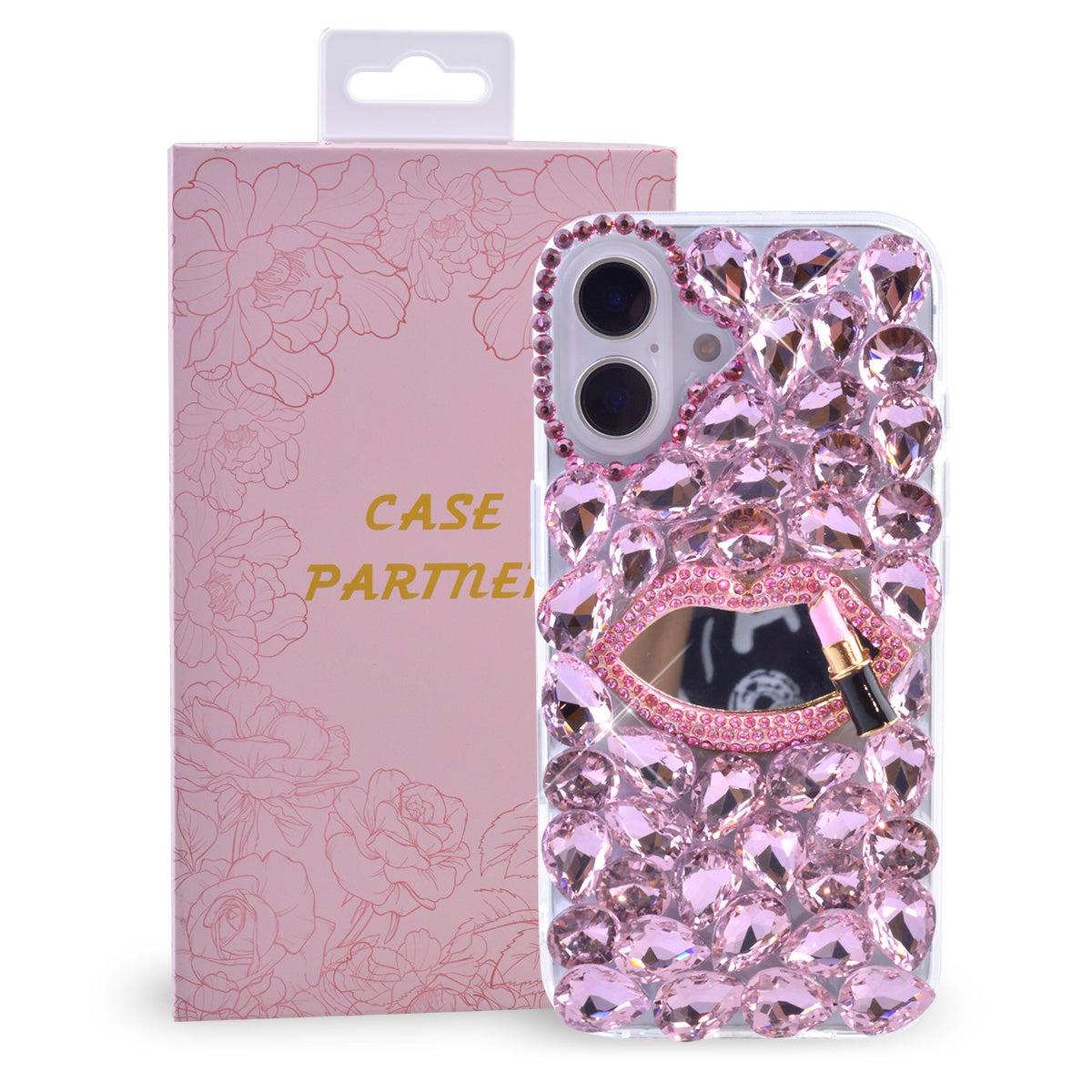 Compatible with iPhone 16 Plus Shiny Crystal Diamond Phone Case, 3D Luxury Lip Makeup (with Mirror) Shiny Crystal Rhinestone Lipstick Case for Girls Women Chil...