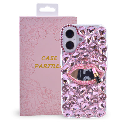 Compatible with iPhone 16 Plus Shiny Crystal Diamond Phone Case, 3D Luxury Lip Makeup (with Mirror) Shiny Crystal Rhinestone Lipstick Case for Girls Women Chil...