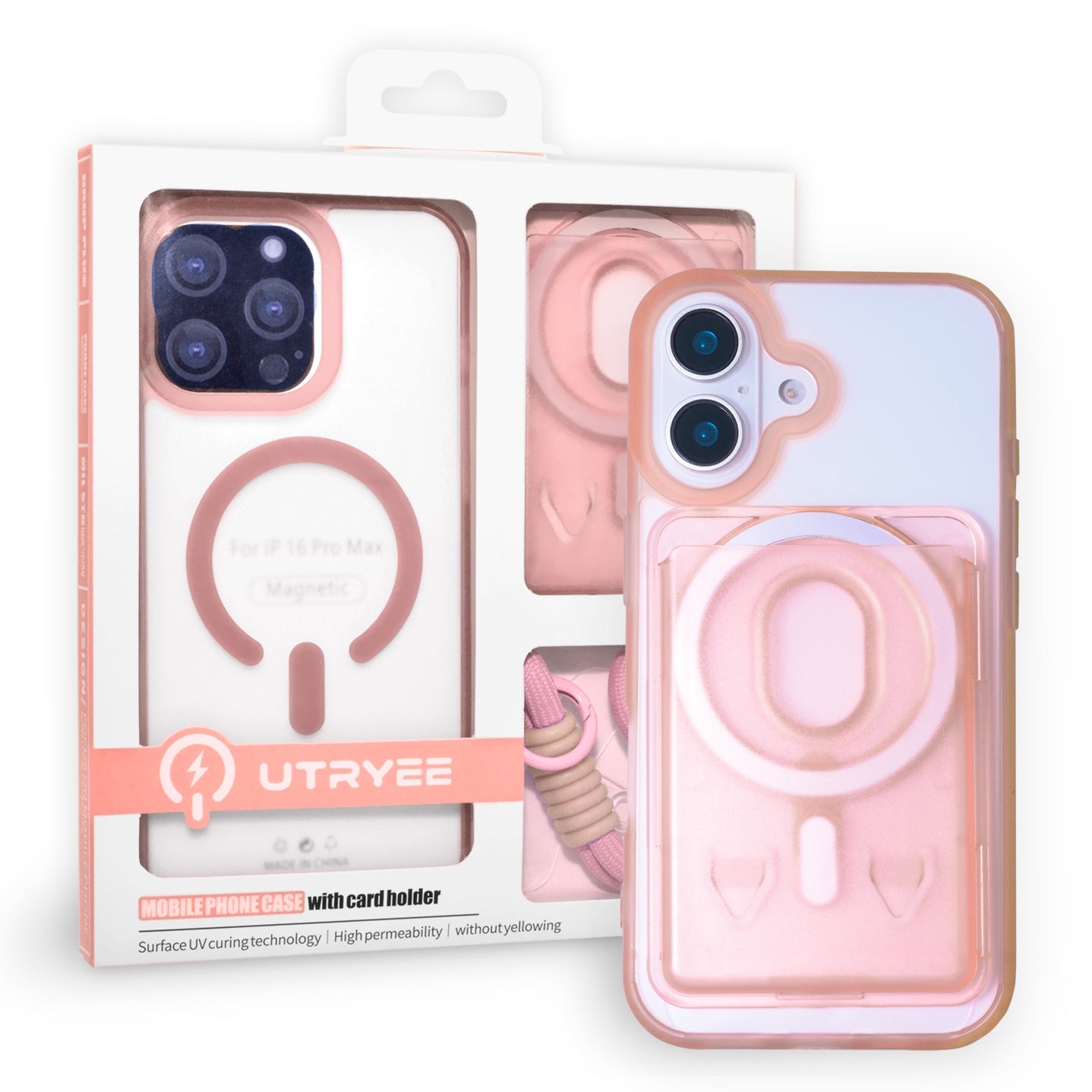 Magnetic Case for iPhone 16 Plus with Card Hold and Lanyard, Translucent Matte Slim Shockproof Compatible with MagSafe - Pink