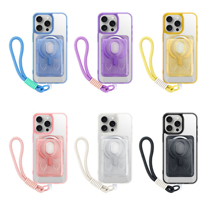 Magnetic Case for iPhone 16 Plus with Card Hold and Lanyard, Translucent Matte Slim Shockproof Compatible with MagSafe - Purple