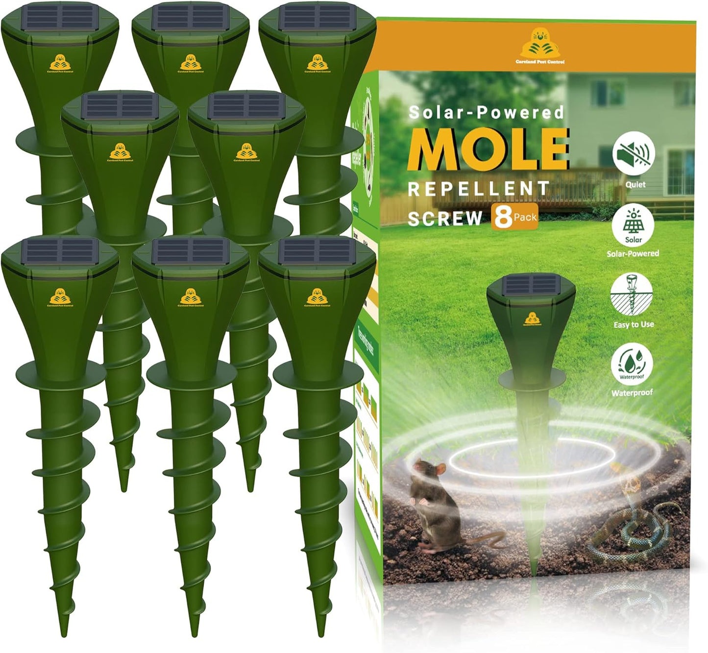 Mole Repellent Screw Solar Powered Outdoor Groundhog Deterrent Vibration Stakes Quiet Get Rid of Snake Vole Gopher Armadillo for Yard Lawns - No Noise Poison Kill Traps (Green 8pack)