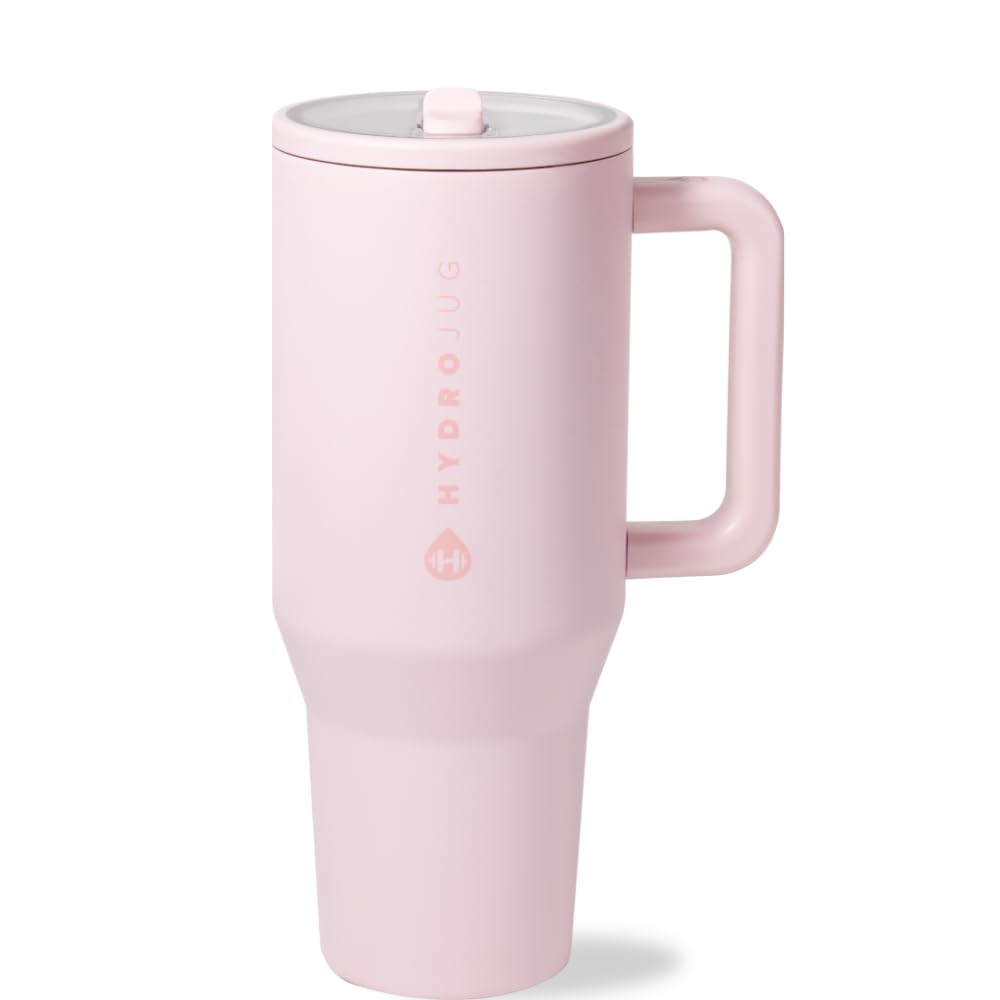 HydroJug Traveler - 40 oz Water Bottle with Handle & Flip Straw - Fits in Cup Holder, Leak Resistant Tumbler-Reusable Insulated Stainless Steel & Rubber Base - Gifts for Women & Men, Pink Sand