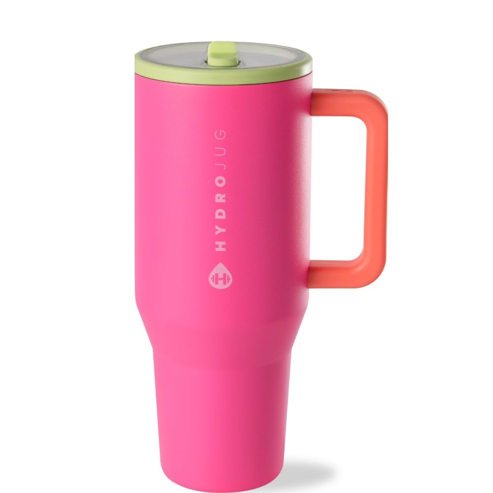 HydroJug Traveler - 40 oz Water Bottle with Handle & Flip Straw - Fits in Cup Holder, Leak Resistant Tumbler-Reusable Insulated Stainless Steel & Rubber Base - Gifts for Women & Men, Pink Sand