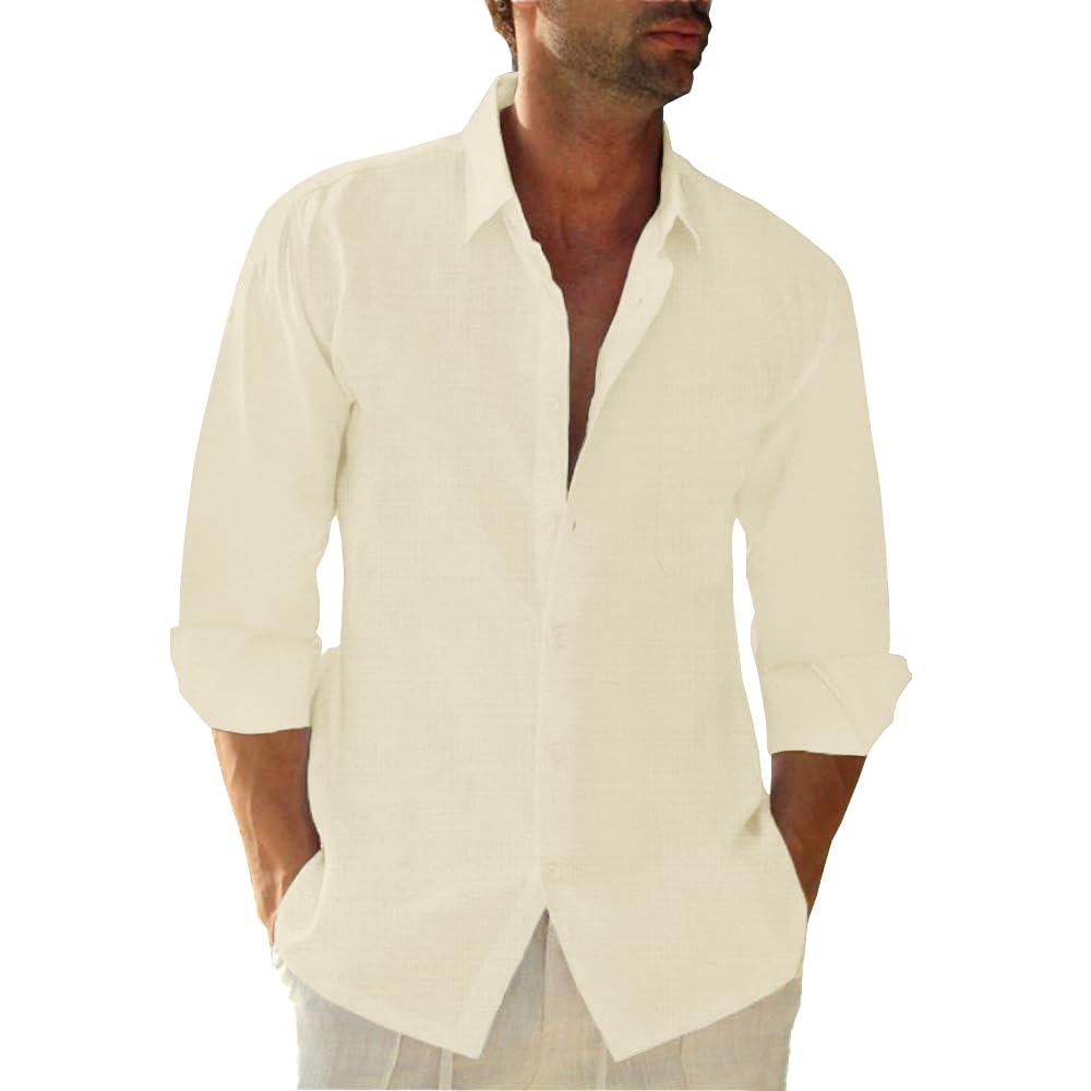 Button Down Linen Shirts for Men Casual Long Sleeve Regular Fit Cotton Beach Shirts with Pocket
