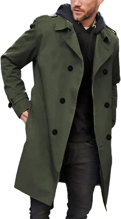 Gafeng Mens Double Breasted Trench Coat Notched Lapel Casual Slim Fit Long Windbreaker Overcoat