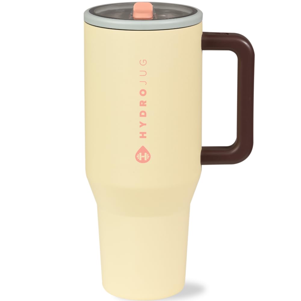 HydroJug Traveler - 40 oz Water Bottle with Handle & Flip Straw - Fits in Cup Holder, Leak Resistant Tumbler-Reusable Insulated Stainless Steel & Rubber Base - Gifts for Women & Men, Pink Sand
