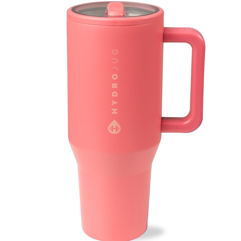 HydroJug Traveler - 40 oz Water Bottle with Handle & Flip Straw - Fits in Cup Holder, Leak Resistant Tumbler-Reusable Insulated Stainless Steel & Rubber Base - Gifts for Women & Men, Pink Sand