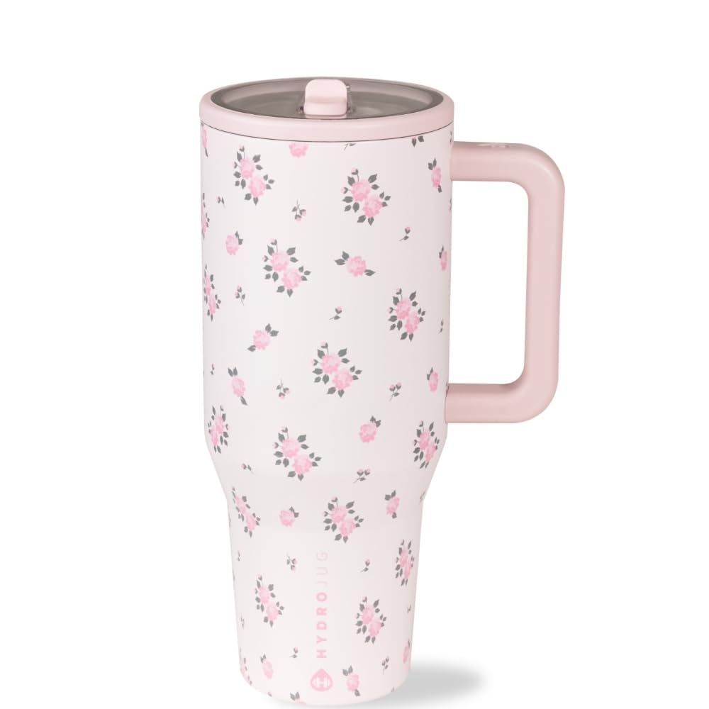 HydroJug Traveler - 40 oz Water Bottle with Handle & Flip Straw - Fits in Cup Holder, Leak Resistant Tumbler-Reusable Insulated Stainless Steel & Rubber Base - Gifts for Women & Men, Pink Sand