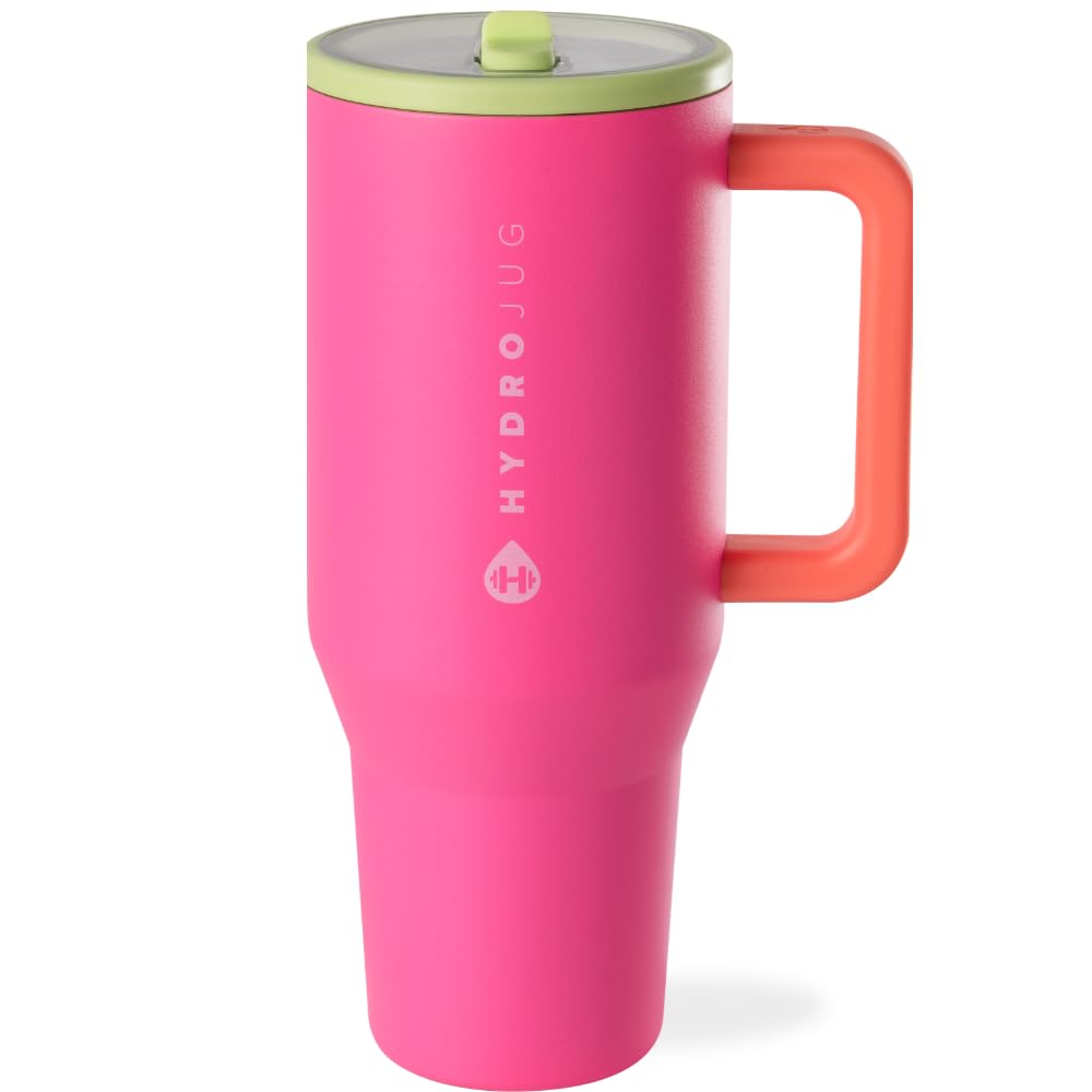 HydroJug Traveler - 40 oz Water Bottle with Handle & Flip Straw - Fits in Cup Holder, Leak Resistant Tumbler-Reusable Insulated Stainless Steel & Rubber Base - Gifts for Women & Men, Pink Sand