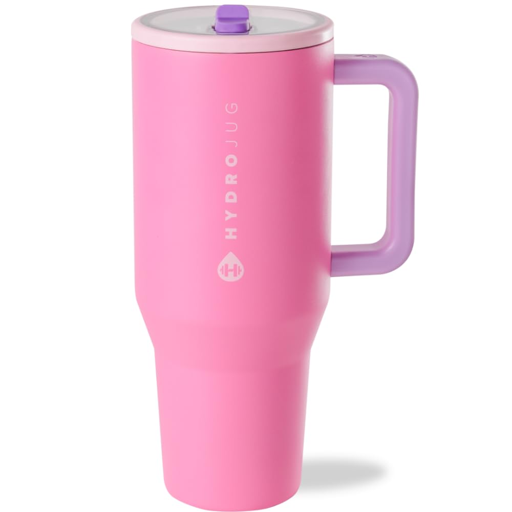 HydroJug Traveler - 40 oz Water Bottle with Handle & Flip Straw - Fits in Cup Holder, Leak Resistant Tumbler-Reusable Insulated Stainless Steel & Rubber Base - Gifts for Women & Men, Pink Sand