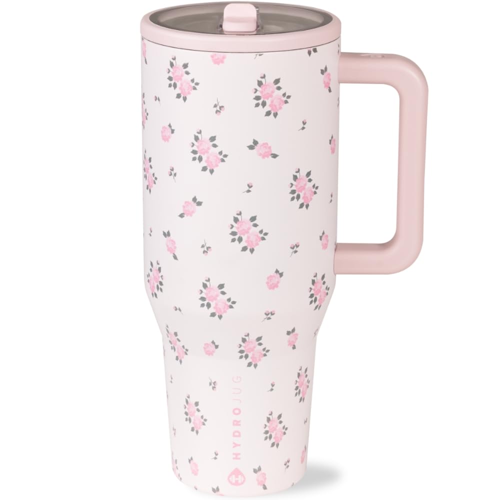 HydroJug Traveler - 40 oz Water Bottle with Handle & Flip Straw - Fits in Cup Holder, Leak Resistant Tumbler-Reusable Insulated Stainless Steel & Rubber Base - Gifts for Women & Men, Pink Sand