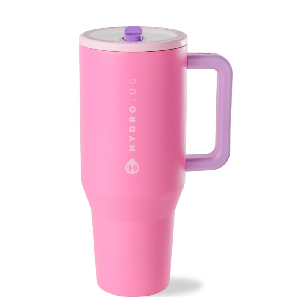 HydroJug Traveler - 40 oz Water Bottle with Handle & Flip Straw - Fits in Cup Holder, Leak Resistant Tumbler-Reusable Insulated Stainless Steel & Rubber Base - Gifts for Women & Men, Pink Sand