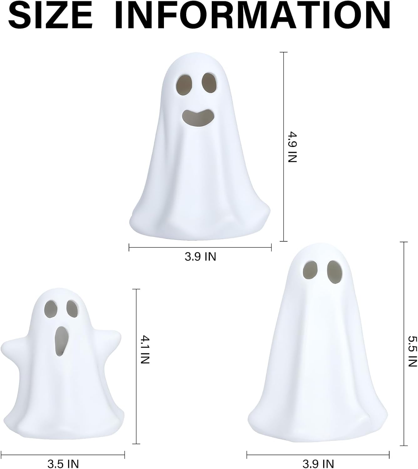 [Timer] Light Up Ghost Halloween Decor, 3 Pcs Ceramic Halloween Ghost Decorations Indoor, Cute White Ghost Figurines Statue for Indoor Decor Home Table (A)