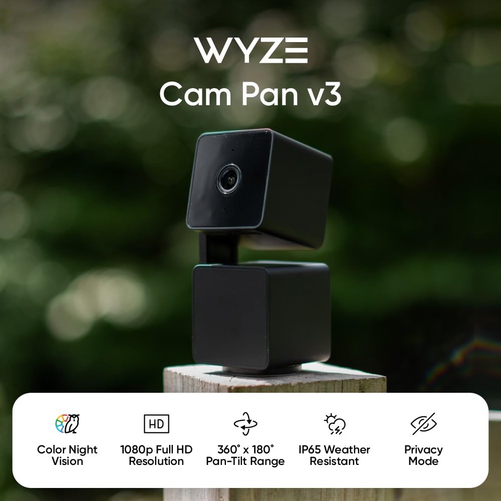 WYZE Cam Pan v3 Indoor/Outdoor IP65 1080P 360° Pan/Tilt/Zoom Wi-Fi Smart Home Security Camera with Motion Tracking for Baby & Pet, Color Night Vision, Works with Alexa & Google Assistant, White