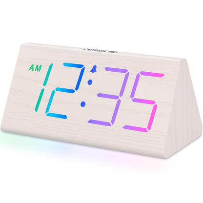DreamSky Wooden Digital Alarm Clocks for Bedrooms - Electric Desk Clock with Large Numbers, USB Port, Battery Backup Alarm, Adjustable Volume, Dimmer, Snooze, DST, 12/24H, Wood Décor (White)