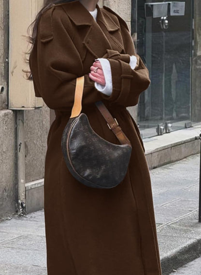 chouyatou Women's Winter Double Breasted Wool Coat Long Sleeve Notch Lapel Midi Long Winter Trench Coat with Belt