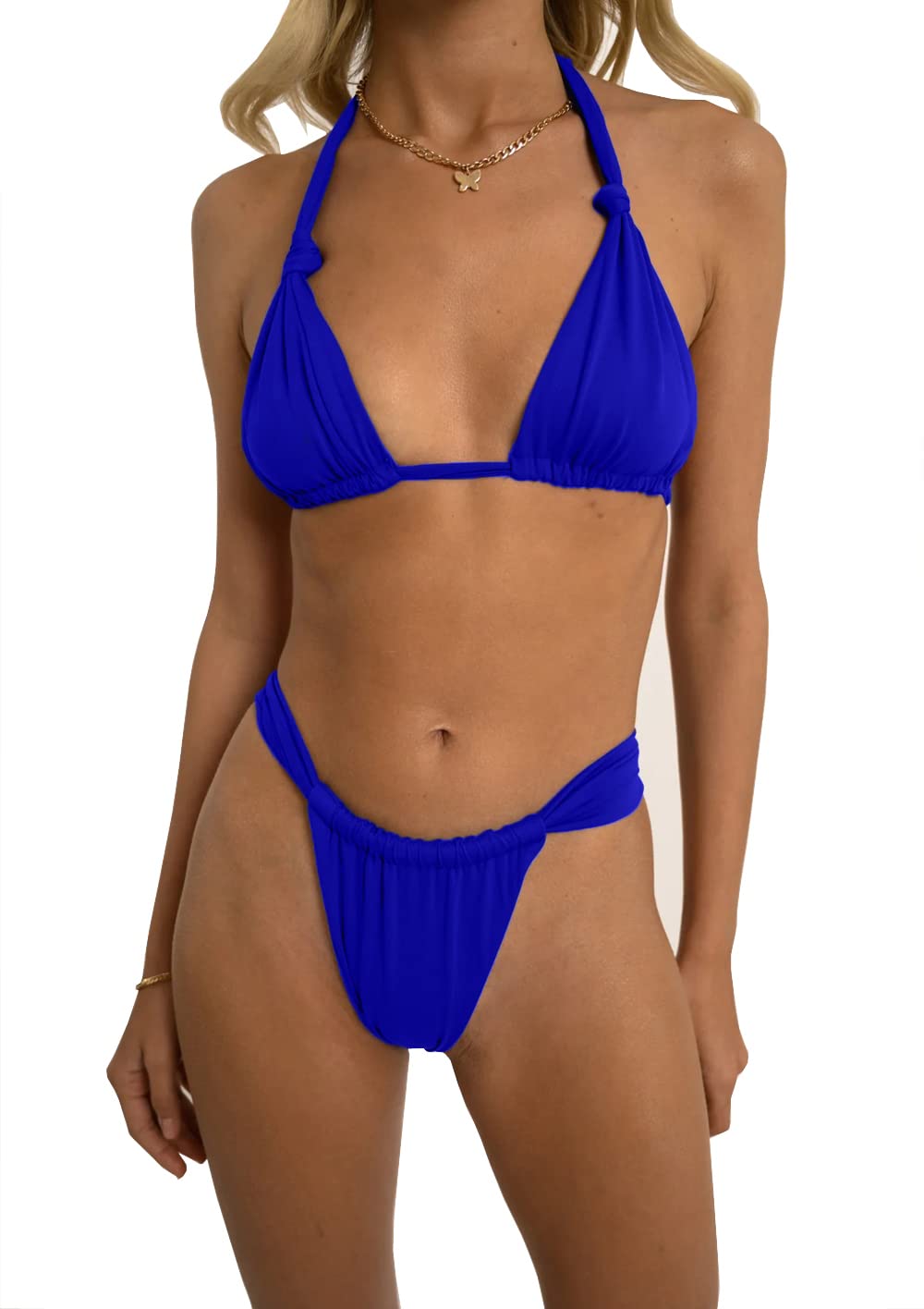 Women Two Piece Swimsuits Halter Triangle String Bikini Sets Sexy Ruched Brazilian Cheeky Thong Bathing Suit
