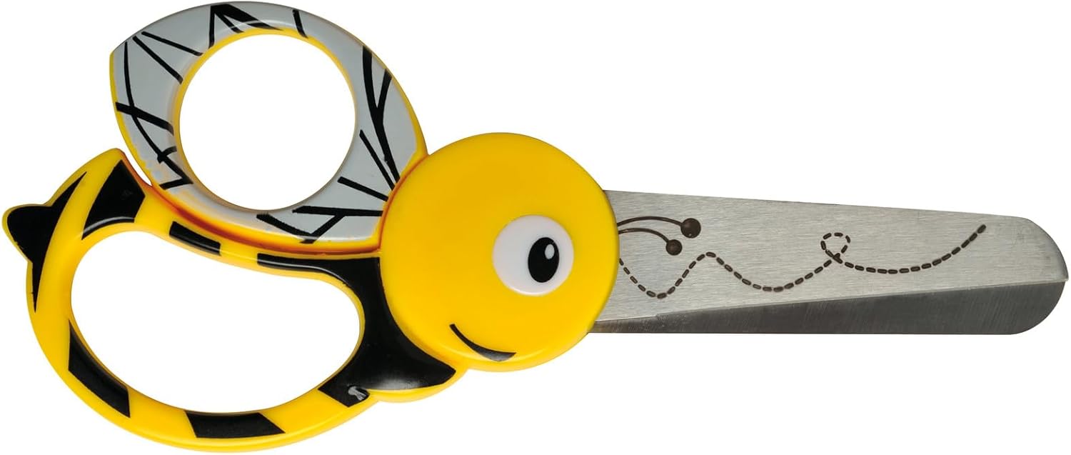 Fiskars Children's Animal Scissors with Bee Motif, From 4 years, length: 13 cm, For right and left handers, Stainless steel blade/plastic handles, Yellow, 1003747