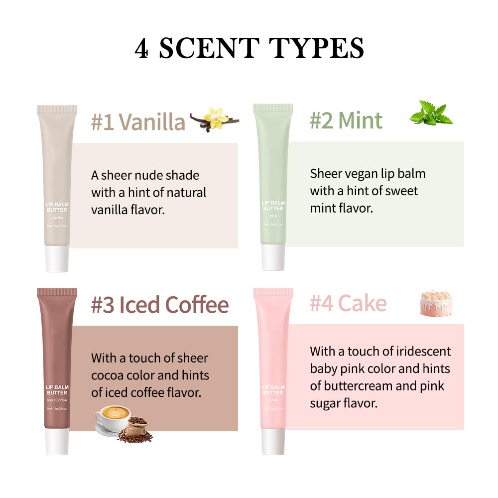 Summer Butter Lip Balm, Moisturizing Hydrating Natural Lip Care, Rich in Nutrients for Soft Smooth Lips (4 Colors)
