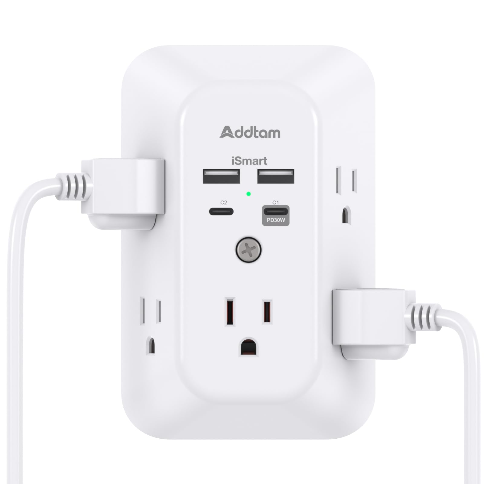 Addtam USB Wall Charger Surge Protector 5 Outlet Extender with 4 USB Charging Ports (1 USB C Outlet) 3 Sided 1800J Power Strip Multi Plug Outlets Wall Adapter Spaced for Home Travel Office ETL Listed