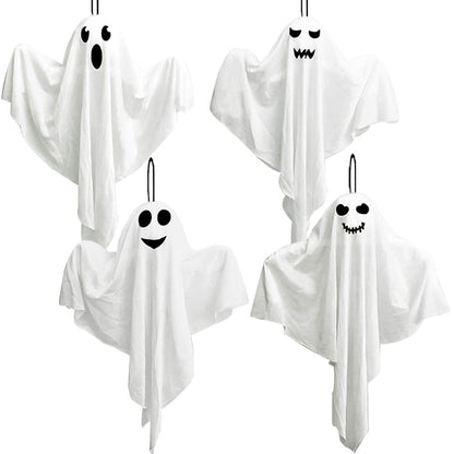 4 Pack Halloween Hanging Ghost Decorations, 27.5" Light Up Spooky Floating Ghosts with Blue LED, Outdoor & Indoor Haunted House, Porch, Yard, Party Decor, Patio Lawn Garden
