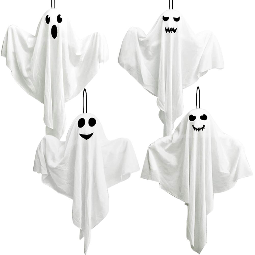 4 Pack Halloween Hanging Ghost Decorations, 27.5" Light Up Spooky Floating Ghosts with Blue LED, Outdoor & Indoor Haunted House, Porch, Yard, Party Decor, Patio Lawn Garden