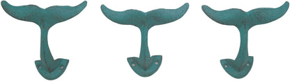 Light Blue Whale Tail Cast Iron Wall Hooks, Wall Mounted for Hanging Coats, Purses, Towels, Hats, Beach Themed Wall Decor, Set of 3, 4.75 Inches High