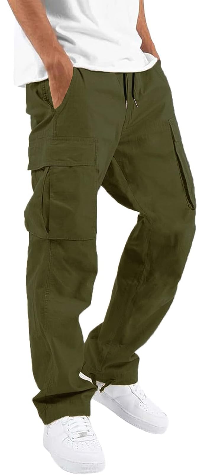 HUNGSON Mens Cargo Pants Drawstring Casual Hiking Pants Joggers Athletic Trousers Cotton Loose Straight Sweatpants for Men