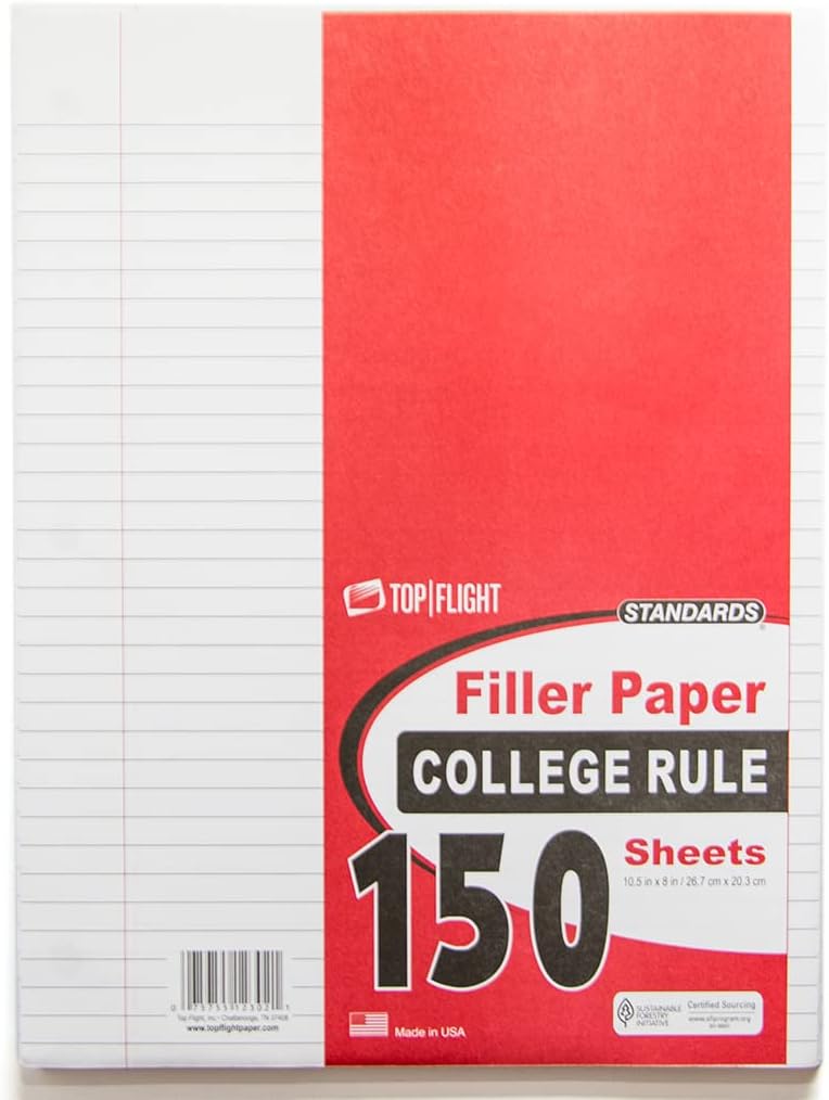 Top Flight Filler Paper, 10.5 x 8 Inches, College Rule, 150 Sheets (12302), White