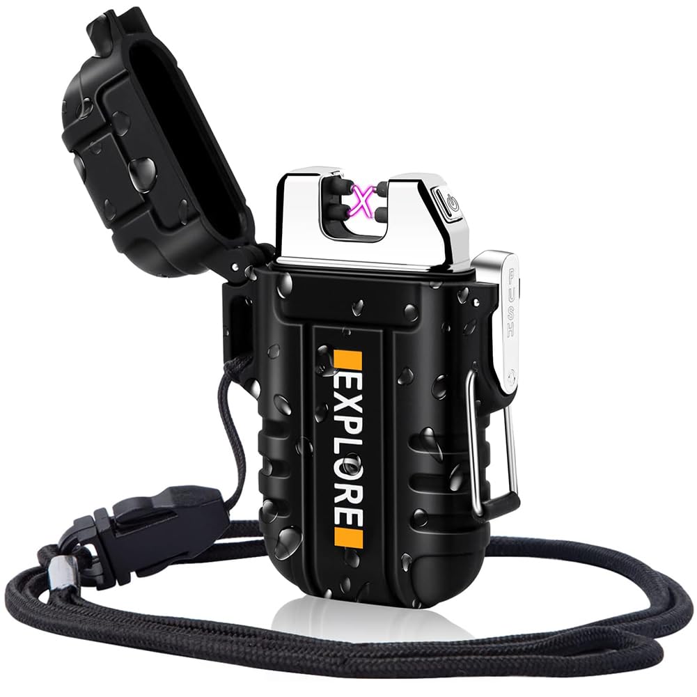 LcFun Waterproof Electric Dual Arc Lighter USB Rechargeable Outdoor Windproof Flameless Plasma Lighters for Camping, Hiking, Adventure, Survival Tactical Gear Gifts for Men
