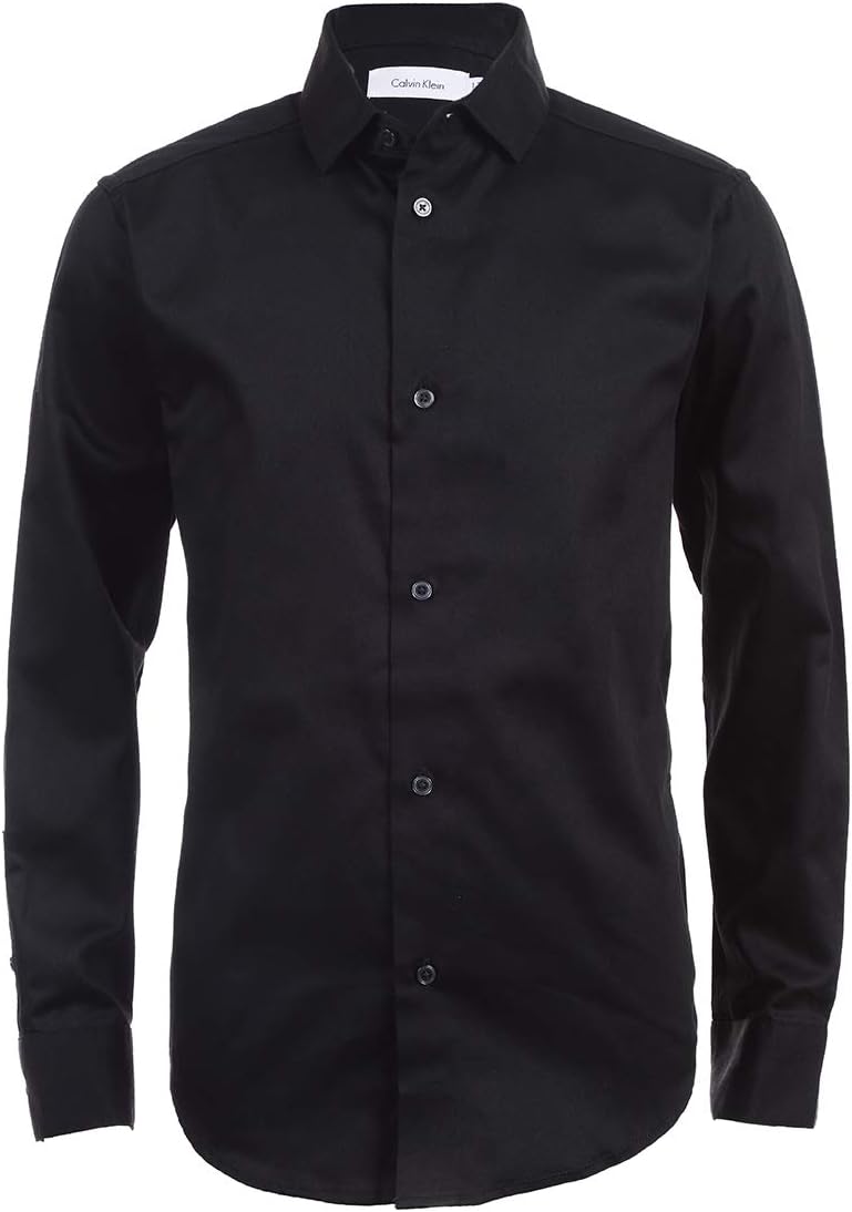Calvin Klein Boys' Long Sleeve Sateen Dress Shirt, Button-Down Style with Cuffs & Shirttail Hem