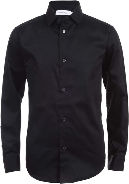 Calvin Klein Boys' Long Sleeve Sateen Dress Shirt, Button-Down Style with Cuffs & Shirttail Hem