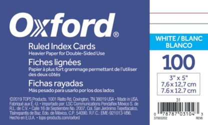 Oxford Ruled Index Cards, 3" x 5", White, 100-Pack (31)