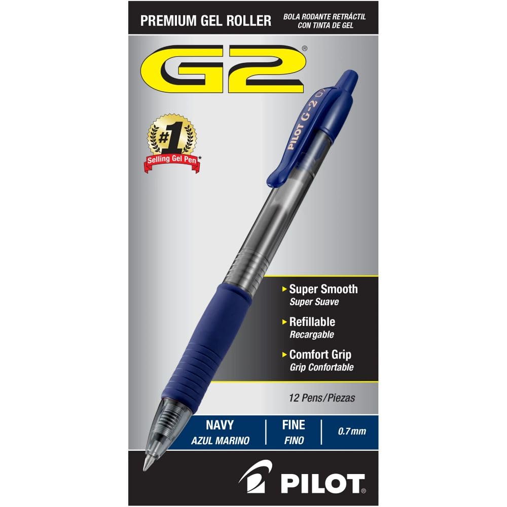Pilot G2 Premium Gel Roller Pens 0.7, Fine Point Smooth Writing Pens Black, Pack of 12
